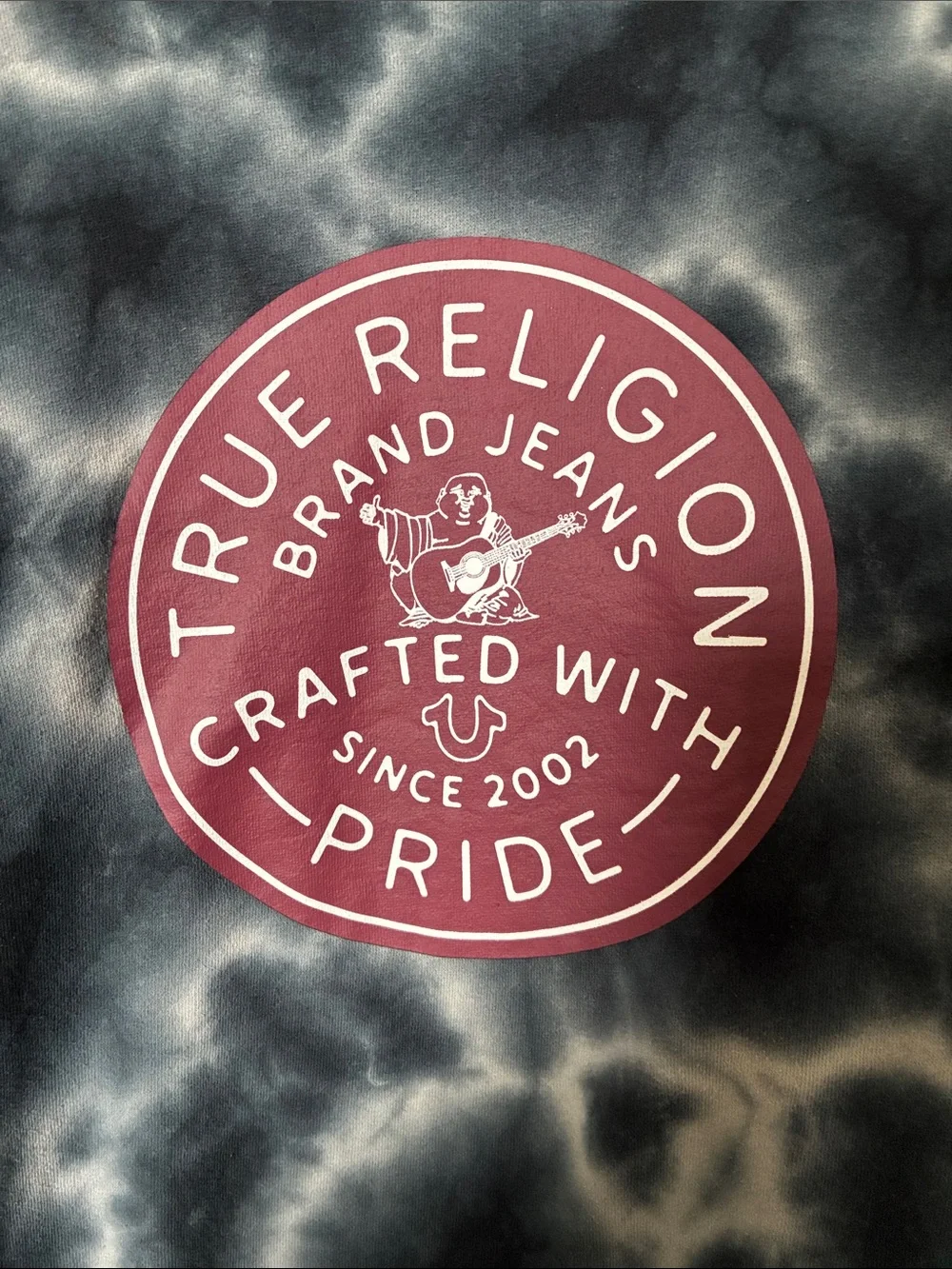 True Religion Blue & White Tie-Dye Crewneck with Maroon Logo Patch